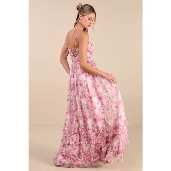 NWT Lulus Novella Pink Floral Ruffled Bustier Lace-Up Maxi Dress Gala Size S - Picture 3 of 11